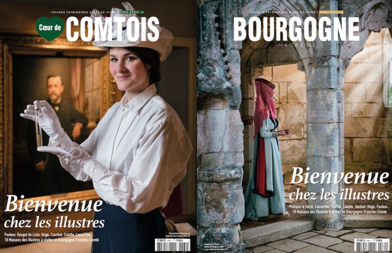 18 personnages célèbres de Bourgogne-Franche-Comté. À g., la maison natale de Louis Pasteur à Dole. À d., le château de Germolles, résidence de Marguerite de Flandre et Philippe Le Hardi. © Michel Joly/ Bourgogne Magazine
