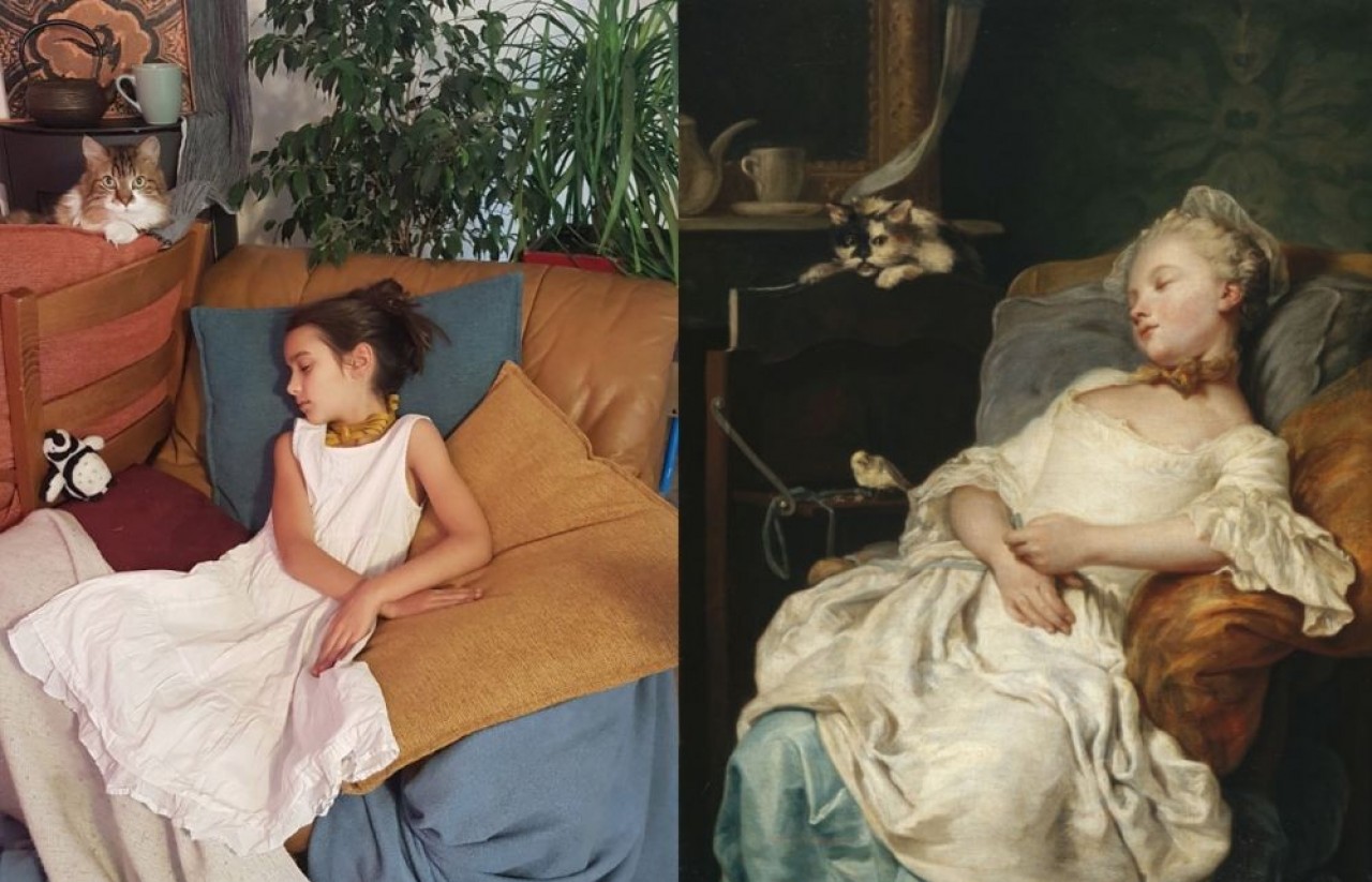 Réinterprétation du tableau « Le repos » de Jean-François Colson (18e siècle), par Angélique Rucklin, participante au concours « Réinterprétons les oeuvres des musées français » auquel prend part le musée des Beaux-Arts de Dijon. © Angélique Rucklin.