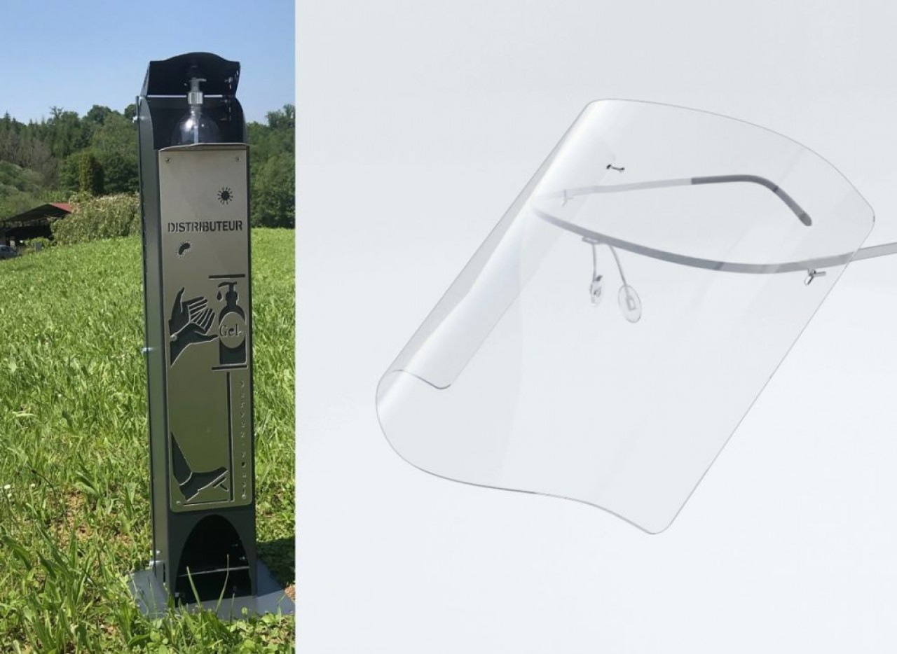 A gauche, le distributeur de gel hydroalcoolique du métallier Axone Spadone, et à droite, la visière de protection adaptée au port de lunettes du jurassien Naja.
