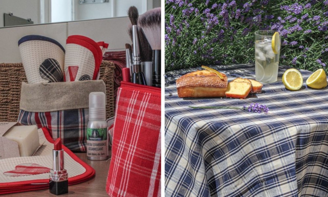 La verquelure, déclinée en deux coloris, rouge et bleu, est transformée en trousses, sacs, linge de table… © Pays de Montbéliard Tourisme