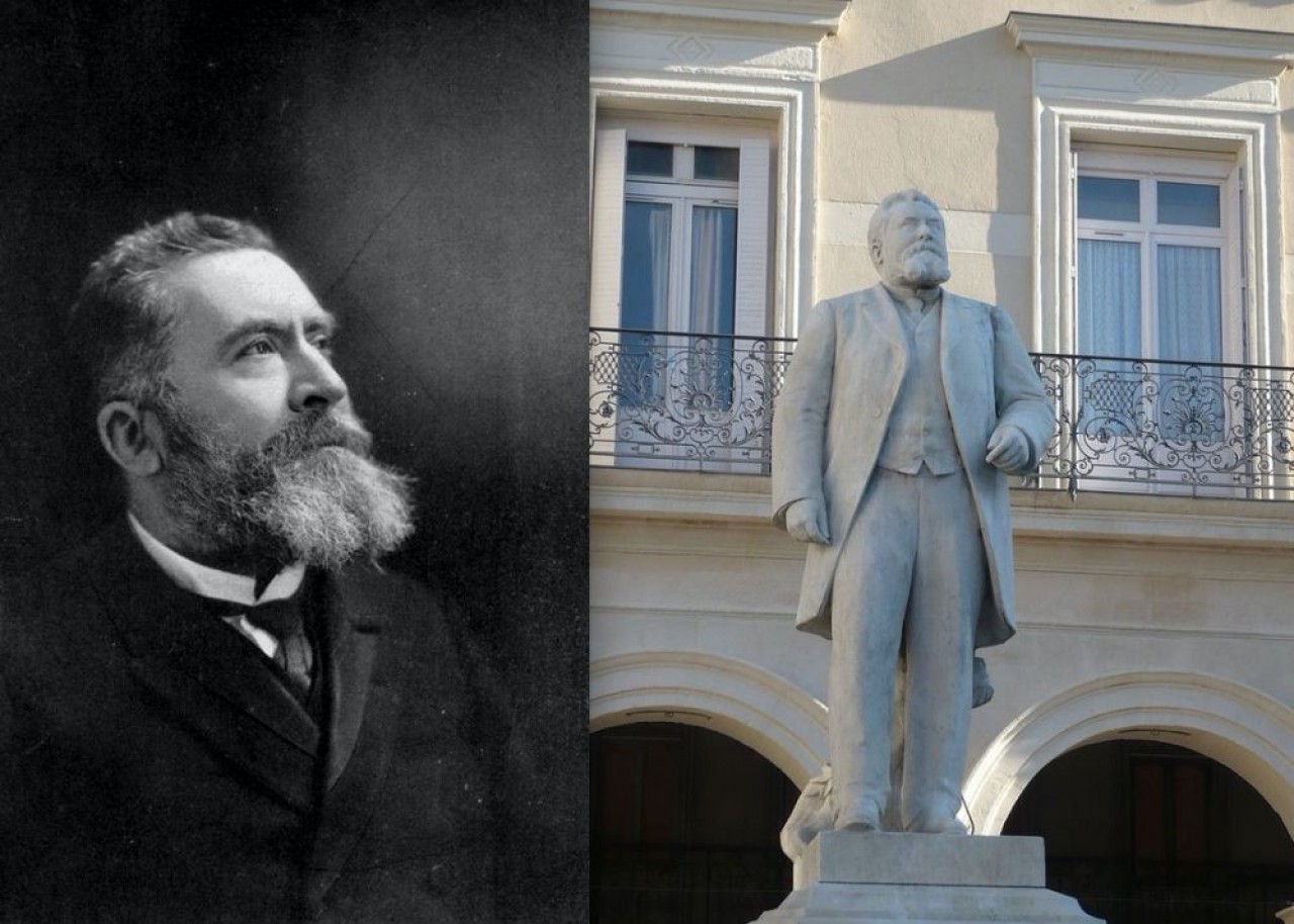 Photo à gauche de Jean Jaurès d'un auteur inconnu en 1911 et sa statue à Castres, ville où il est né. © Roudière - travail personnel