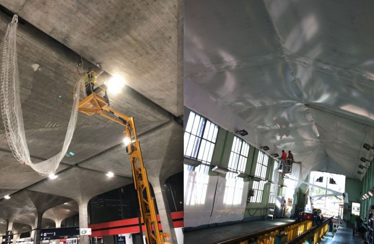 Le chantier de gauche consiste à poser un filet doublé d'un autre en micro-mailles pare-gravats. A droite, une solution thermo-rétractable et un filet pour du désamiantage. © France-Filets