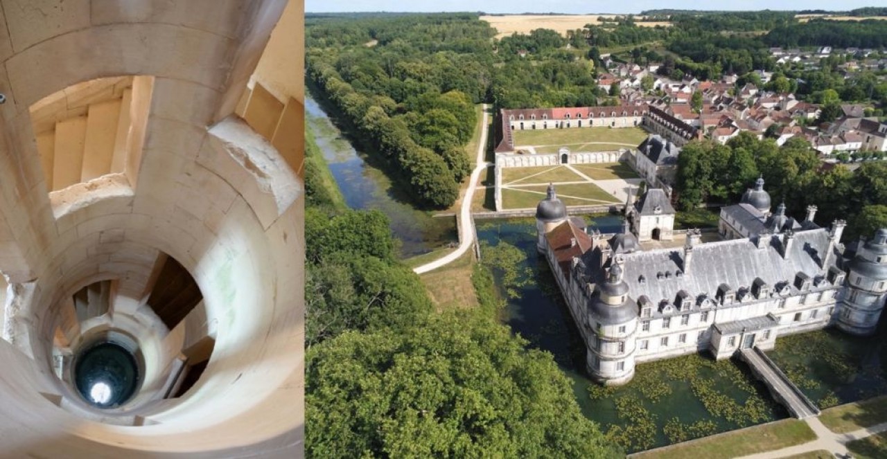 L'escalier singulier du château de Maulnes (à gauche) et vue aérienne du château de Tanlay et son canal de plus de 500 mètres (à droite).