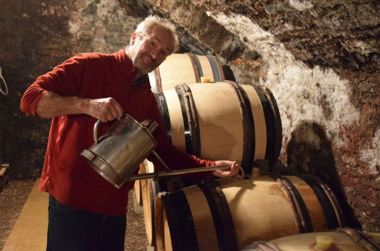 Franck Follin-Arbelet, vigneron à Aloxe-Corton (Côte-d'Or), en train d'ouiller un de ses tonneaux, c'est-à-dire compenser l'évaporation en rajoutant du vin. © Traces Ecrites