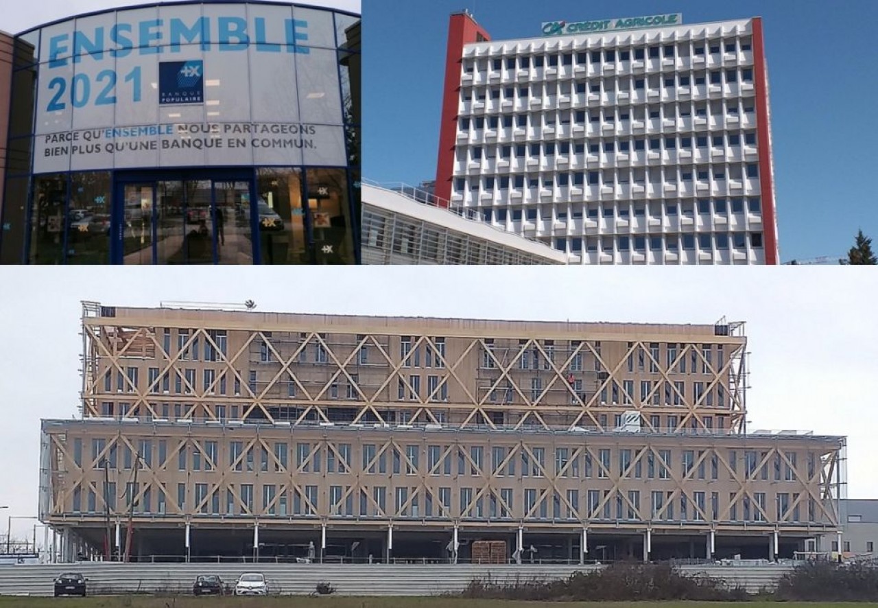 Les sièges sociaux des trois banques, situés à Dijon, avec en bas le futur siège tout en bois de la Caisse d'Épargne, en construction. © Traces Ecrites