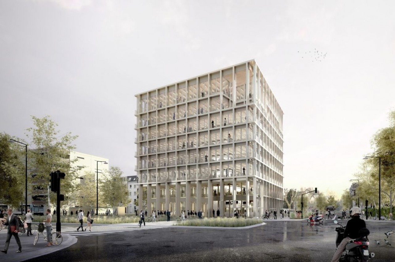 Le Cube en structure bois de Lazard Group sera l'un des rares programmes à renouveler l'offre de bureaux en centre-ville de Strasbourg en 2023. © Baumschlager-Eberle