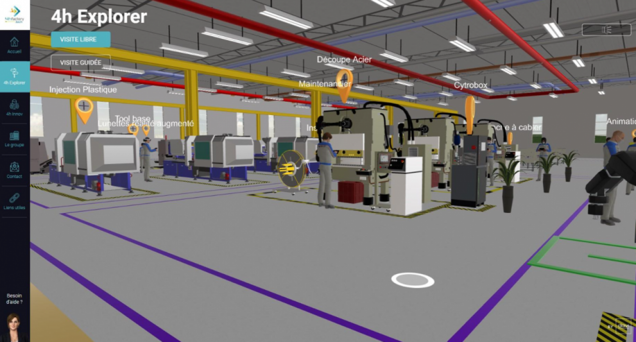 La visite virtuelle propose de parcourir les espaces extérieurs, les bureaux, les ateliers et la zone logistique d'une usine automobile.