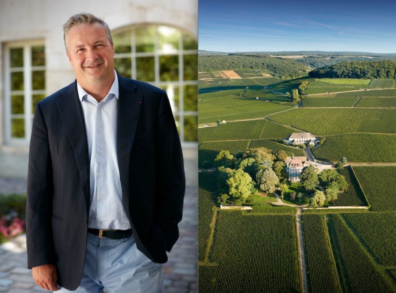 Louis-Fabrice Latour et en vue aérienne le Château de Corton Grancey, propriété familiale depuis 1891. © Maison Louis Latour
