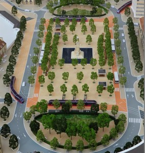 La place de la République, à l'orée du centre-ville, telle qu'elle sera aménagée après les travaux du tramway. Elle sera, avec la cour de la gare, l'un des deux principaux points d'échange des transports en commun de l'agglomération dijonnaise.