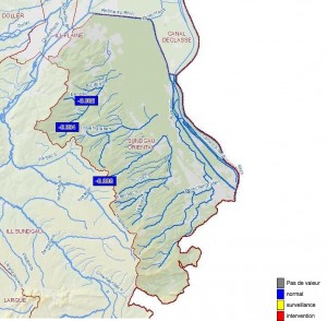 Carte du niveau des eaux dans le Sundgau oriental, le 23 septembre 2011. (Source : InfoGeo68)